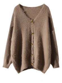 优雅女士休闲时尚欧式百搭针织开衫，舒适长袖加大码毛衣外套 - 卡其色 - 查看 9
