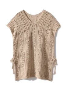 大码宽松纯色欧式风格年轻女士镂空休闲舒适针织上衣，V领短袖套头衫 - 卡其色 - 查看 3