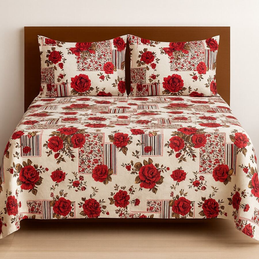 Double Bedspread Printed Fabric Simple 3 Pieces Daily Use - Rojo - Ver 1