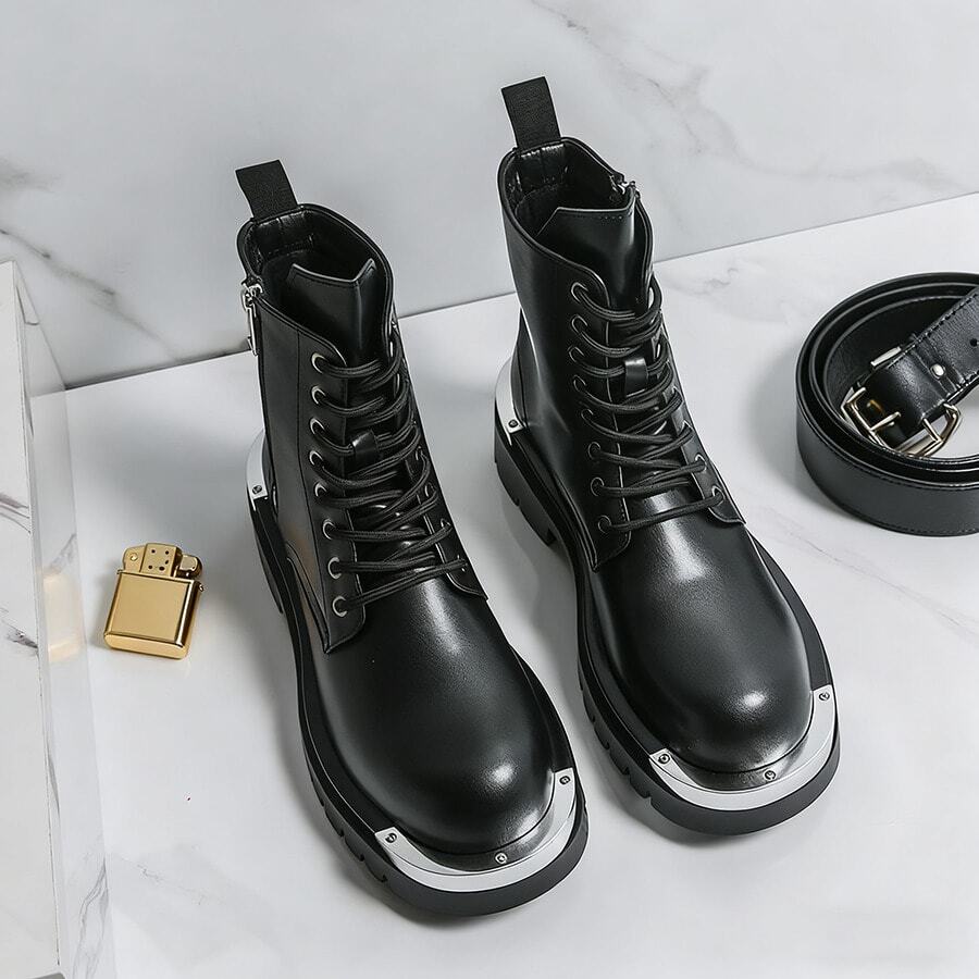 Punk-Style Metal Embellished Platform Leather Shoes - Urban Trendsetter / Retro Eye-Catching Combination. Lacquered Leather Makes You Look Taller. Chunky Derby Shoes. Size 40-46. 2025 Punk Dress Shoes. - Black - View 1