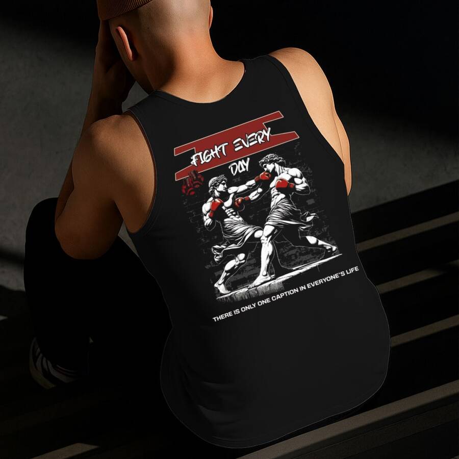 Men's Tank Top With Printed Fighting Statues, 100% Cotton, Comfortable Everyday Style, Sizes S To XL - màu đen - Xem 1