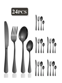 4/16/24pcs Stainless Steel Cutlery Set, High-Quality Minimalist Durable Black Tableware Set, Knife Fork Spoon Set, Suitable For Western Dining, Home Banquet, Elegant & Practical - Black - View 10