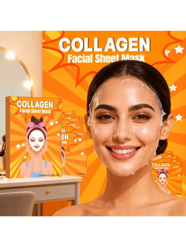 4 Piezas Juego de Mascarillas Faciales de Colágeno Multifuncionales, Contiene Niacinamida y Ácido Hialurónico para una Hidratación Profunda y Elasticidad de la Piel, Ligero y Transpirable para Vestir Toda la Cara, Adecuado para Todos los Tipos de Piel y Uso Diario, Hidratación y Reparación Nocturna, Reafirmante y Potenciador de la Elasticidad, Colágeno de Alta Calidad para una Piel Radiante, Perfecto para el Spa en Casa y la Rutina de Cuidado de la Piel Estacional, para Mujeres y Hombres.