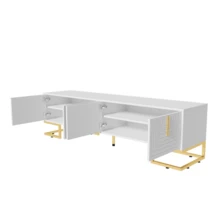Mueble para TV, armario bajo con puerta texturizada, tiradores y patas doradas. - Blanco - Ver 11