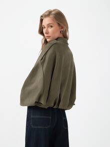 GDDYIN 女士纯色口袋休闲夹克，秋季新品 - 軍綠色 - 查看 2