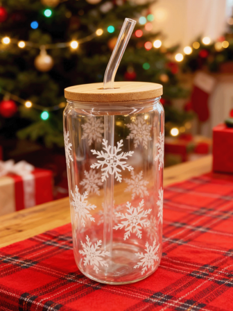 1Pc 500ml Snowflake Iced Coffee Glass Straw Cup, Comes With Bamboo Lid And Straw, Large Capacity Outdoor Travel Portable Beverage Juice Cup, Suitable For Summer & Winter, Birthday Holiday Party Gift, Christmas Gift Glass Water Bottle