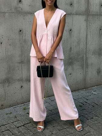 Linen Blend Sleeveless V-Neck Loose Top And Elastic Waist Pocket Wide-Leg Pants Set,Fall Women Clothes,Y2k Clothes Women,Vintage Clothes Women,Travel Outfit Airport, Homecoming,Y2k Clothes Women Y2K,Streetwear Women,