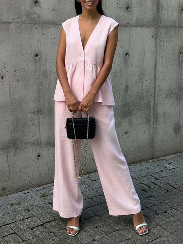 Linen Blend Sleeveless V-Neck Loose Top And Elastic Waist Pocket Wide-Leg Pants Set,Fall Women Clothes,Y2k Clothes Women,Vintage Clothes Women,Travel Outfit Airport, Homecoming,Y2k Clothes Women Y2K,Streetwear Women,