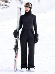 一套女士保暖滑雪裤，男士冬季滑雪裤，带可拆卸背带，适合户外活动、滑雪装备、防寒服、运动风格裤装，加固结构，功能性滑雪背带裤，雪地装备，加厚透气滑雪服（前部和口袋有3种不同的拉链类型，随机发货） - 黑色 - 查看 4