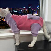 Autumn Winter Pet Four-Legged Clothes - Raglan Sleeve Two-Tone Cat Jumpsuit, Warm Full-Body Outfit With Back Pocket, Cold-Proof Apparel For Cats & Small Dogs