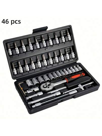 46 Piece 1/4 Inch Drive Socket Ratchet Wrench Set, With Socket Kit Metric And Extension Rod, For Car Repair And Home Use, With Storage Box Socket Wrench Set, Ratchet Wrench Set And Extension Rod Universal Slider Rod Extension Socket, Tools For Men