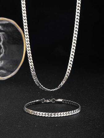 Set de 2 piezas Collar y pulsera de cadena de acero inoxidable minimalista para hombres, adecuado para fiestas callejeras, joyería de moda para decoración diaria