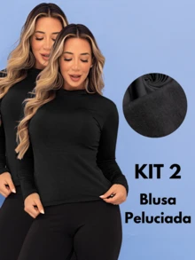 Kit 2 Blusa Térmica Frio Segunda Pele Academia Manga Longa Peluciada Inverno Felpuda Flanelada Tarelles - Preto - Visão 9
