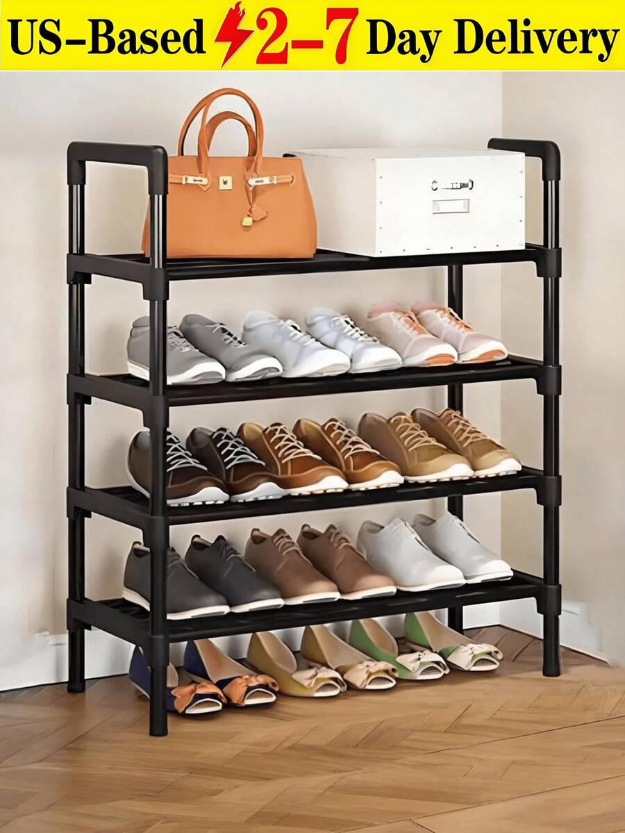 1 Multi-Layer Simple Shoe Rack, 4-Layer Multifunctional Large-Capacity Storage Rack, Space Saving Black Vertical Shoe Cabinet, Household Door Dust-Proof Storage Shoe Cabinet, Portable Shoe Rack Sorting Rack, Economical Shoe Rack For Dormitory, Space-Saving Storage Shelf, Reinforced Metal Pipe, Elongated Plastic Brackets, Simple Assembly, Easy To Load And Unload, Save Space, Home Organization Shoes And Boots Storage Sundries, Suitable For Corridors, Closets, Living Rooms, Bedrooms, Entrance, Garage (2-7 Daysmust Arrive) - Multicolor - View 1