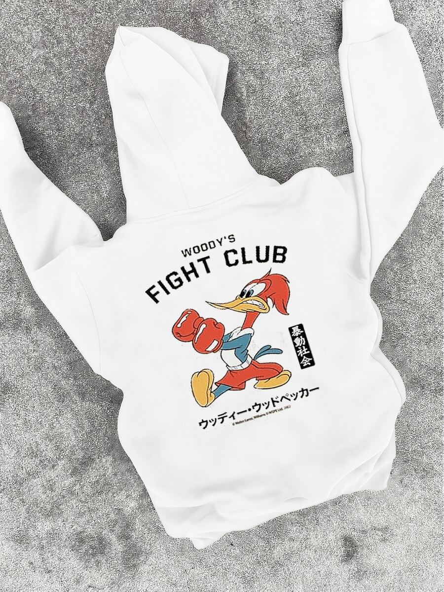 Woody Woodpecker Fight Club Graphic Hoodie For Men, Cotton Blend Casual Pullover Hooded Sweatshirt With Japanese Style Print, Comfortable And Stylish For Daily Wear, Perfect Gift For Fans - 白色 - 查看 1
