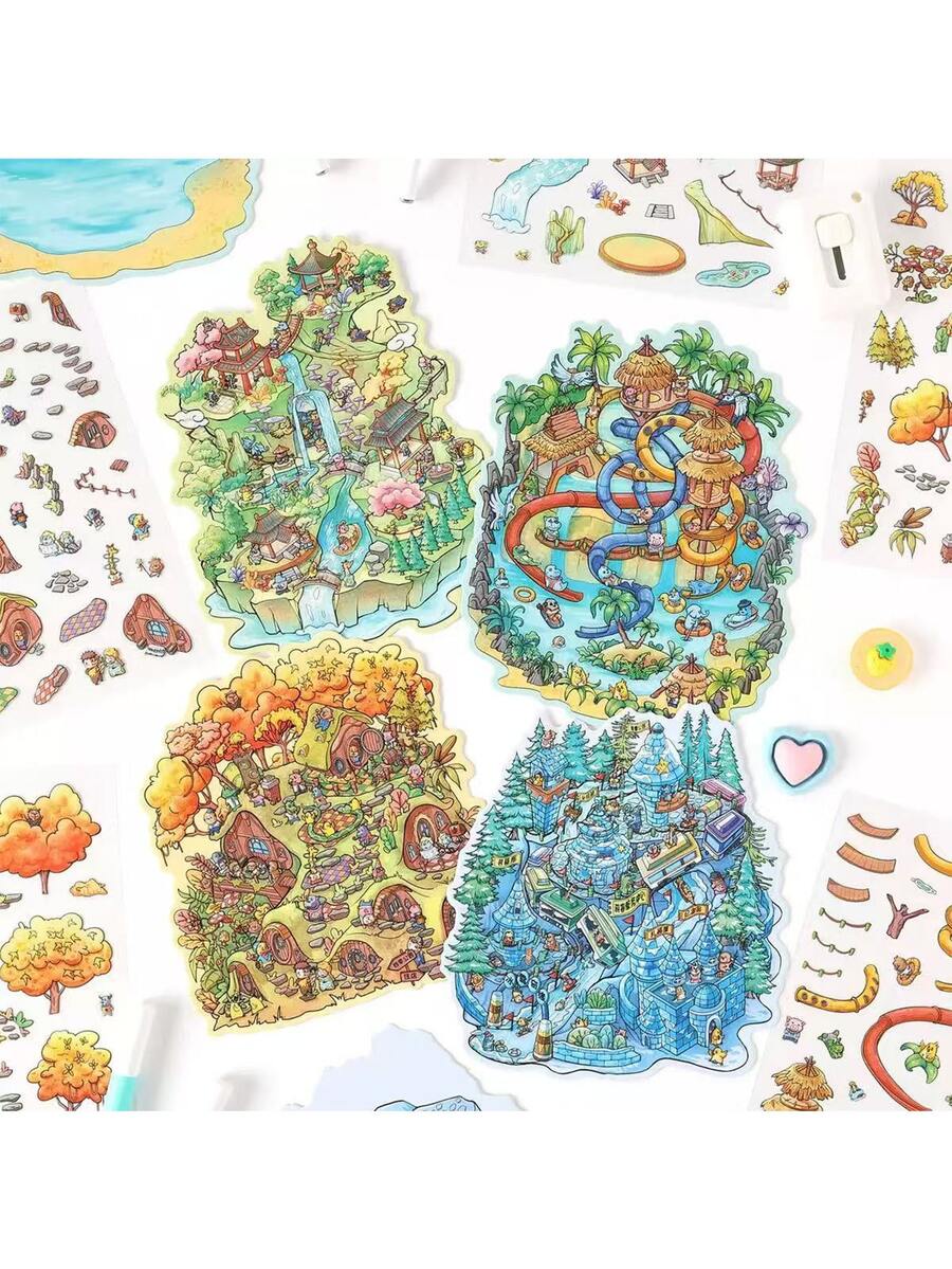 四季公园创意贴纸 - 3D立体贴纸（每套3张），微缩场景制作贴纸。自由组合排列，创造各种效果。加厚材质，防水耐用。趣味3D立体场景设计，DIY贴纸。 - 彩色 - 查看 1