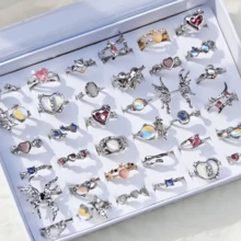 10pcs/Set Elegant Pink Synthetic Zirconia Heart & Butterfly Ring Set, Adjustable Open Cocktail Rings Fashion Jewelry, Party Gift For Women - 10 Random Silver Cat's Eye Rings - View 7