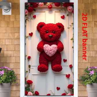 2D Door Banner, Valentine's Day Red Teddy Bear And Heart-Shaped Door Banner - Romantic Entrance Decoration, Indoor And Outdoor Party Background