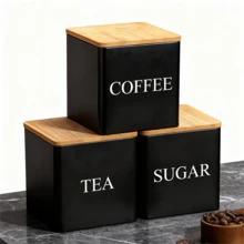 Bộ 1/3 hộp đựng cà phê, trà, đường hình vuông có nắp tre - Hộp đựng nhà bếp bằng kim loại kín - Màu đen/trắng, có khay đựng (tùy chọn). - Nhiều màu - Xem 6