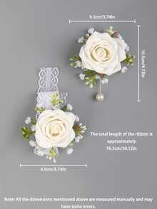 2pcs/Set Elegant Rose & Baby's Breath Brooch And Wrist Corsage Combo, Suitable For Groomsmen, Bridesmaids, Weddings, Parties, Prom, Valentine's Day, Banquets And Other Occasions, Ideal For Groom And Groomsmen Attire And Accessories, Also Applicable For Weddings, Parties, Events, New Year Decorations And Clothing Accessories