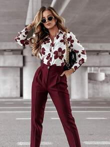 女士白色酒红色花卉缎面衬衫，纽扣长袖，适合办公室日常穿着 - 紅色 - 查看 4