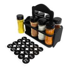 Kit Porta Tempero de Madeira Alça de Mesa Bancada com 8 Potes de Plástico 130ml com Tampa Dosadora Dupla para Temperos Condimentos Especiarias Ervas Finas com Etiqueta Coisinhas para Casa Coisa para Cozinha Organização - Preto - Visão 12