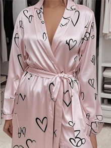 Printed Long Sleeve Robe, Lightweight Sexy Women's Tie-Waist Kimono, Minimalist Cardigan, Sleepwear, Faux Silk Bathrobe - Multicolor - View 6