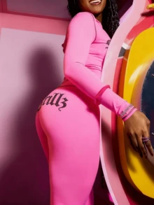 秋季连帽衫长袖印花套装女式拉链旅行外出配套女式套装舒适慢跑裤运动秋季女装春季 - 玫紅色 - 查看 5