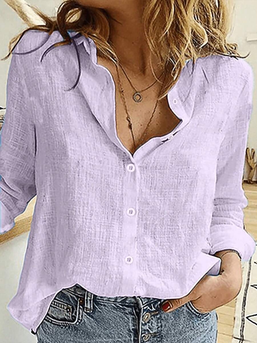 Women's Linen Long Sleeve Solid Color Button Collar Casual Elegant Comfortable Retro Style Blouse, Semi-Sheer Fabric, Suitable For Spring And Summer - Mauve Purple - View 1