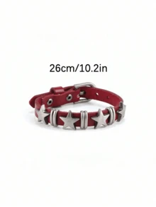 1pc Punk Style PU Leather Adjustable Rivet Star Bracelet, Subculture Fashion Accessory For Unisex Couples - Red - View 5