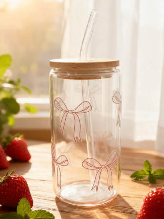 1Pc Transparent Coffee Cup With Bowknot Design, Comes With Bamboo Lid And Straw, Large Capacity Outdoor Travel Portable Beverage Juice Cup, Suitable For Summer & Winter, Birthday Holiday Party Gift, Christmas Gift Glass Water Bottle