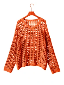 Plus Size Women Spring/Summer Solid Color Hollow Knitted Loose Oversize Casual Beach Holiday Cover Up - Orange Red - View 7