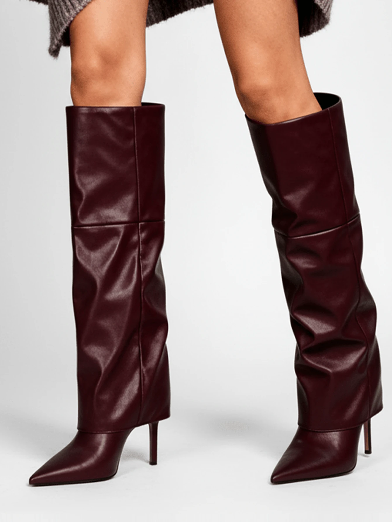 Fold Over Boots For Women Sexy Knee High Stiletto Heel Boots With Pointed Toe Wide Calf Fashion Tall Boots Comfortable Dress Party Long Boots - Màu Đỏ Sâu - Xem 1