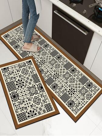 [HOT!!!] 1pc Soft Rubber Kitchen Mat, 3.5mm Thick Kitchen Rug, Vintage European Luxury Floral Patchwork Abstract Pattern, Water-Absorbent Rug For Kitchen, Bathroom, Laundry Room, Entryway, Living Room, Customizable Size