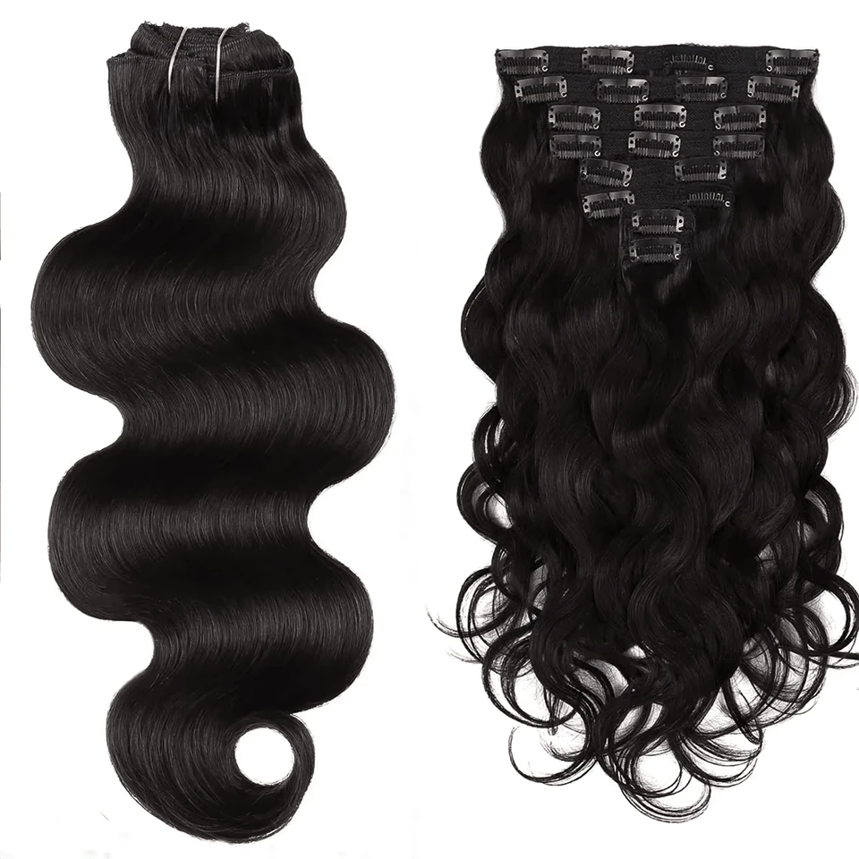 Body Wave Clip In Extensions Real Human Hair Extensions Clip Ins 8 Pcs Thick Invisible Clip In Hair Extensions #1B Natural Black - Natural Black - Xem 1