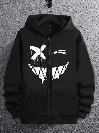 Giacca da uomo nuova per primavera e autunno, con stampa personalizzata a faccia sorridente, vestibilità regular, taglia comoda, casual, sportiva, con maniche lunghe, chiusura lampo, cappuccio e tasche