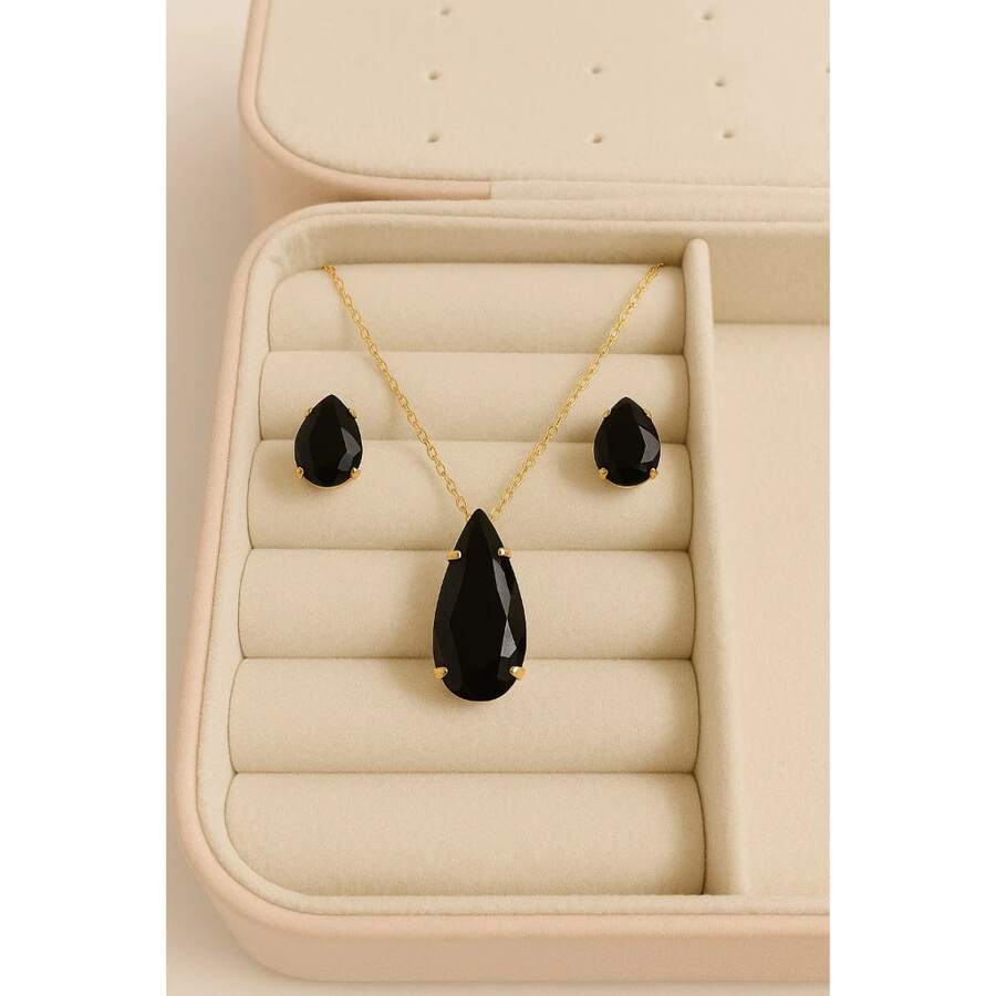 Elegant Women's Gold Plated Necklace And Drop Earrings Set In Pink, Red, Black, Cubic Zirconia, And Green - 黑色 - 查看 1