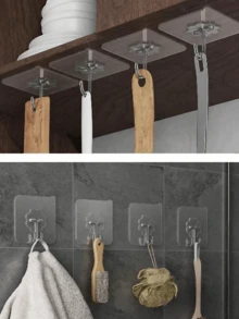 Seamless Wall Hooks, No Nails Required, Strong Adhesive Hooks, Sticky Wall Hooks, Self-Adhesive, Transparent, Removable, Waterproof, Rust-Proof, Suitable For Kitchen, Bathroom, Living Room