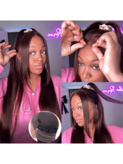 ZHENDEFA Chocolate Brown Invisible Lace Front Wig, Straight Hair, Pre-Plucked, 180% Density, High Definition Transparent Lace Front Wig, With Pull Strings, 360° Full Lace Front Wig
