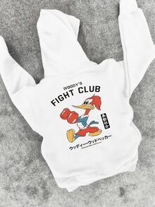 Woody Woodpecker Fight Club Graphic Hoodie For Men, Cotton Blend Casual Pullover Hooded Sweatshirt With Japanese Style Print, Comfortable And Stylish For Daily Wear, Perfect Gift For Fans - 白色 - 查看 6