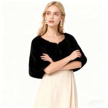 黑色人造毛皮短披肩，优雅奢华晚礼服外套，保暖时尚小披肩 - 黑色 - 查看 9