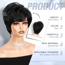 Kurze Pixie-Cut Perücken, schwarze Perücken mit Pony, hitzebeständige synthetische Fasern, Perücke mit Seitenteil, geschichtet, gerade, Pixie-Haarschnitt-Perücken für Frauen für den täglichen Gebrauch, Partys oder Cosplay - Schwarz - Übersicht 3