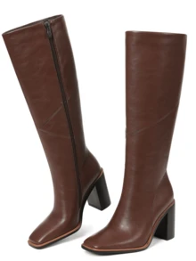 Knee High Boots Women Chunky Heel Square Toe Heeled Tall Boot For Women Fashion Side Zipper Long Boot - màu nâu - Xem 3