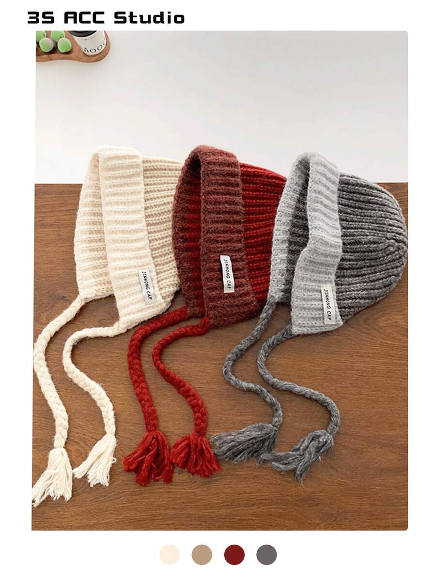 1pc Color Block Braided Knitted Knit Hat, Versatile Oversize Beanie, Warm Earflap Ski Cap, Suitable For Women & Men In Autumn/Winter