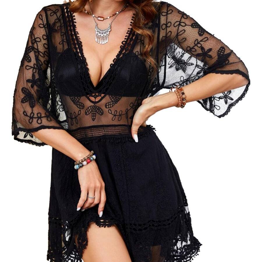 Bodys, vestidos, bañadores, pareos, tops de bikini, camisetas de tirantes y faldas de encaje sexys para mujer, perfectos para vacaciones y looks eróticos. - Negro - Ver 1