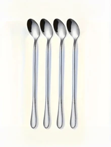 4pcs Stainless Steel Long Handle Iced Tea Spoon, Coffee Spoon, Ice Cream Mixing Spoon, Dishwasher , Kitchen Utensils, Tableware Set Suitable For Desserts, Home And Kitchen - Silver - View 9