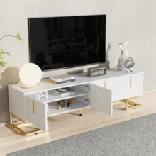 Mueble para TV, armario bajo con puerta texturizada, tiradores y patas doradas. - Blanco - Ver 4