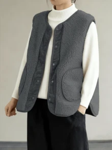 Plus Size Women's Front Button Pocket Ribbed Elegant Casual Vest Jacket, Suitable For Casual, Daily Commute - Grey - View 4