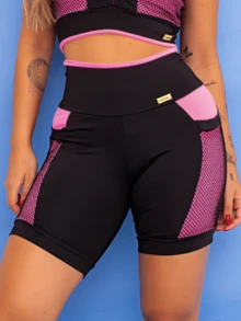 Short Fitness Feminino Bolso Tela Cintura Alta Academia Tarelles - Rosa Bebê - Visão 8