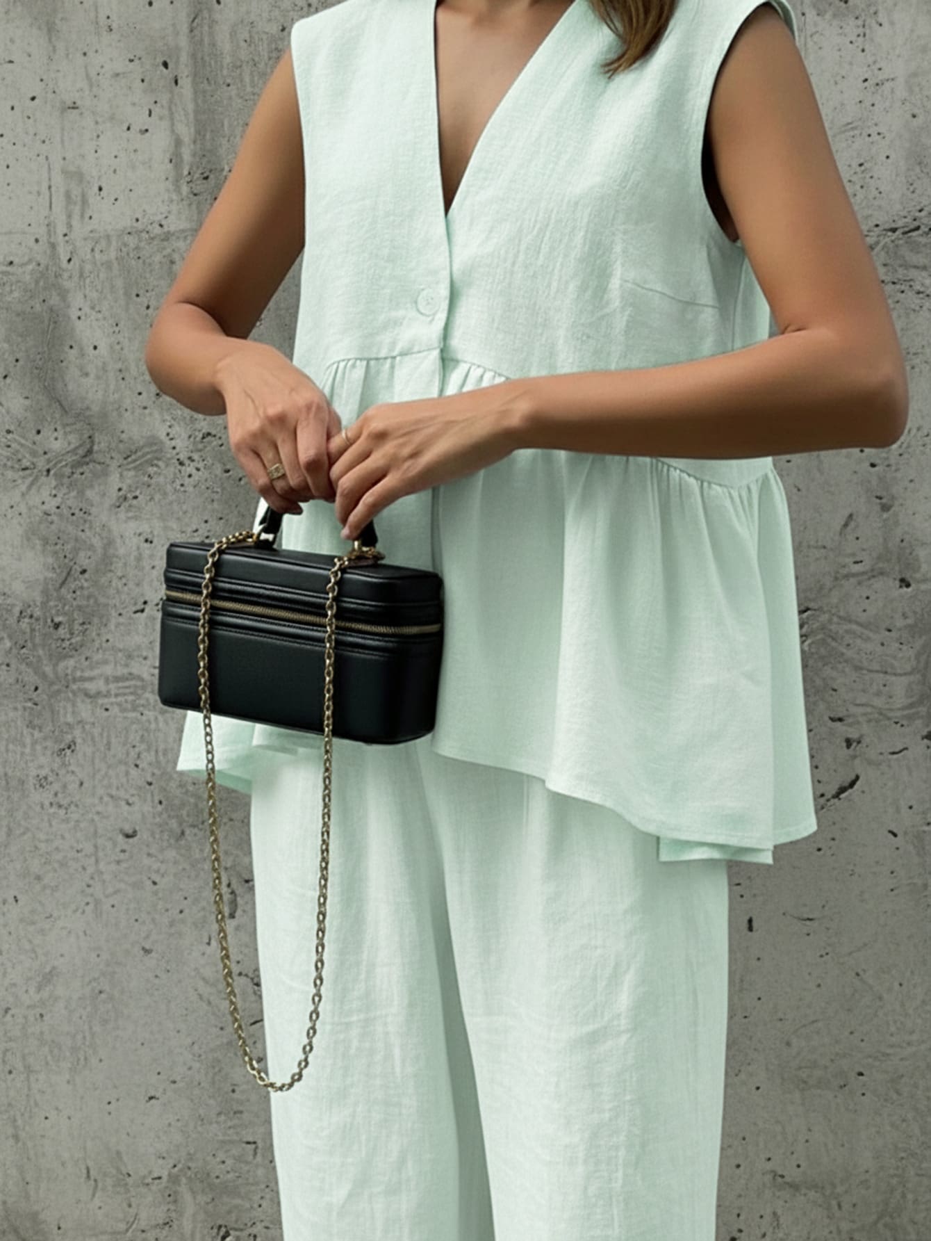 Linen Blend Sleeveless V-Neck Loose Top With Elastic Waist Pocket Wide Leg Pants Set, Women's Autumn Outfit, Y2K Style, Vintage, Travel Airport, Back To School, Street Style - Mint Green - View 1